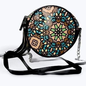 Women’s Small Round Boho Festival Bag With Tassel Mandala Pattern with chain